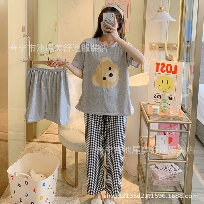 Pajamasクロスボーダー外国貿易工場卸売パジャマ女性半袖ショートパンツ長ズボン三点セット漫画ホームスーツ|undefined