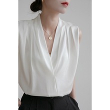 夏季宽松洋气简约法式通勤缎面白色衬衣女无袖雪纺衬衫时尚气质