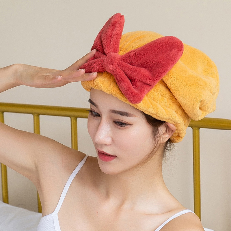 新しいサンゴの毛の蝶結びの髪の帽子のかわいい王女の帽子は厚い吸水の速乾のシャワーの帽子を厚くして髪のタオルを拭きます。|undefined