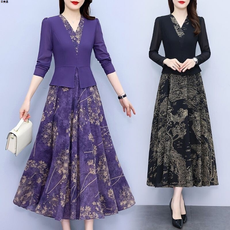 New Chinese Fake Two-piece dress Stitching 2025 New Slim Elegant Age-reducing Skirt Mother dress Women