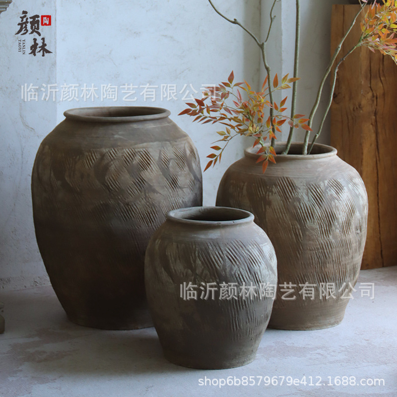 Cerámica de tierra de cerámica gruesa gran vasija de cerámica gran vasija de flores de estómago de viento tranquilo decoración del paisaje residencial de cerámica china vintage