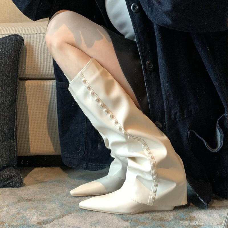 Make Your Legs Slimmer! White Trouser Boots 2025 New Internet Celebrity Fat mm Pointed Toe Wedge High Boots No More Than Knee High Boots for Women Make Your Legs Slimmer! White Trouser Boots 2025 New Internet Celebrity Fat mm Pointed Toe Wedge High Boots No More Than Knee High Boots for Women