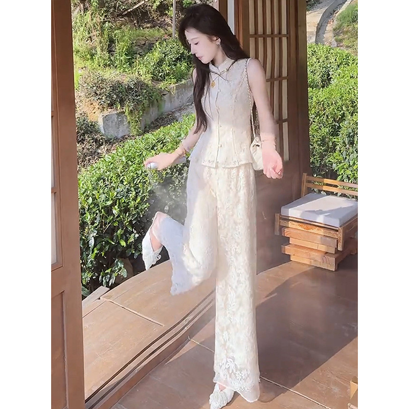 新しい中国風のレース刺繍半袖トップワイドレッグパンツ婦人服 2025 夏の新しい妖精スーツ|undefined
