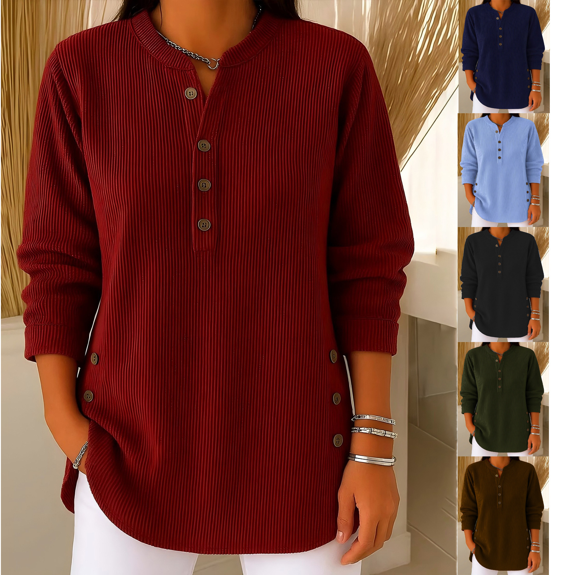 欧美跨境外贸女装亚马逊秋冬新款休闲宽松纽扣灯芯绒长袖t恤女