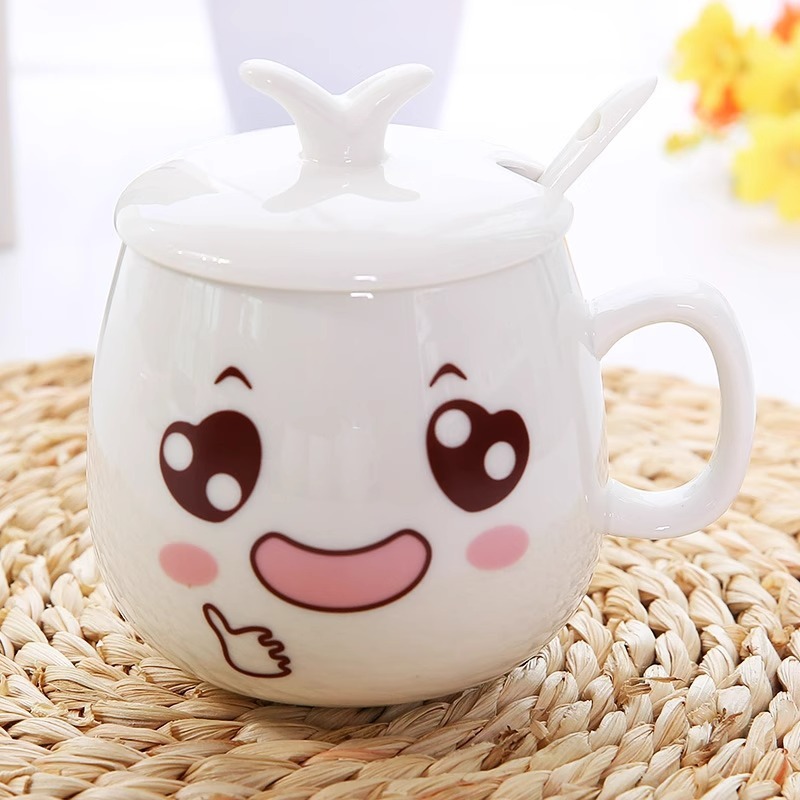 かわいい表情ミルクマグコーヒーカップクリエイティブカップルカップセラミックカップ蓋付きスプーン飲料水家庭用ティーカップ|undefined