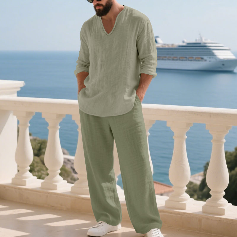 Herren-Leinenanzug für den Herbst, lässig, Strand-Look, V-Ausschnitt, lange Ärmel, lockere Hose, Sportanzug_voghion.com