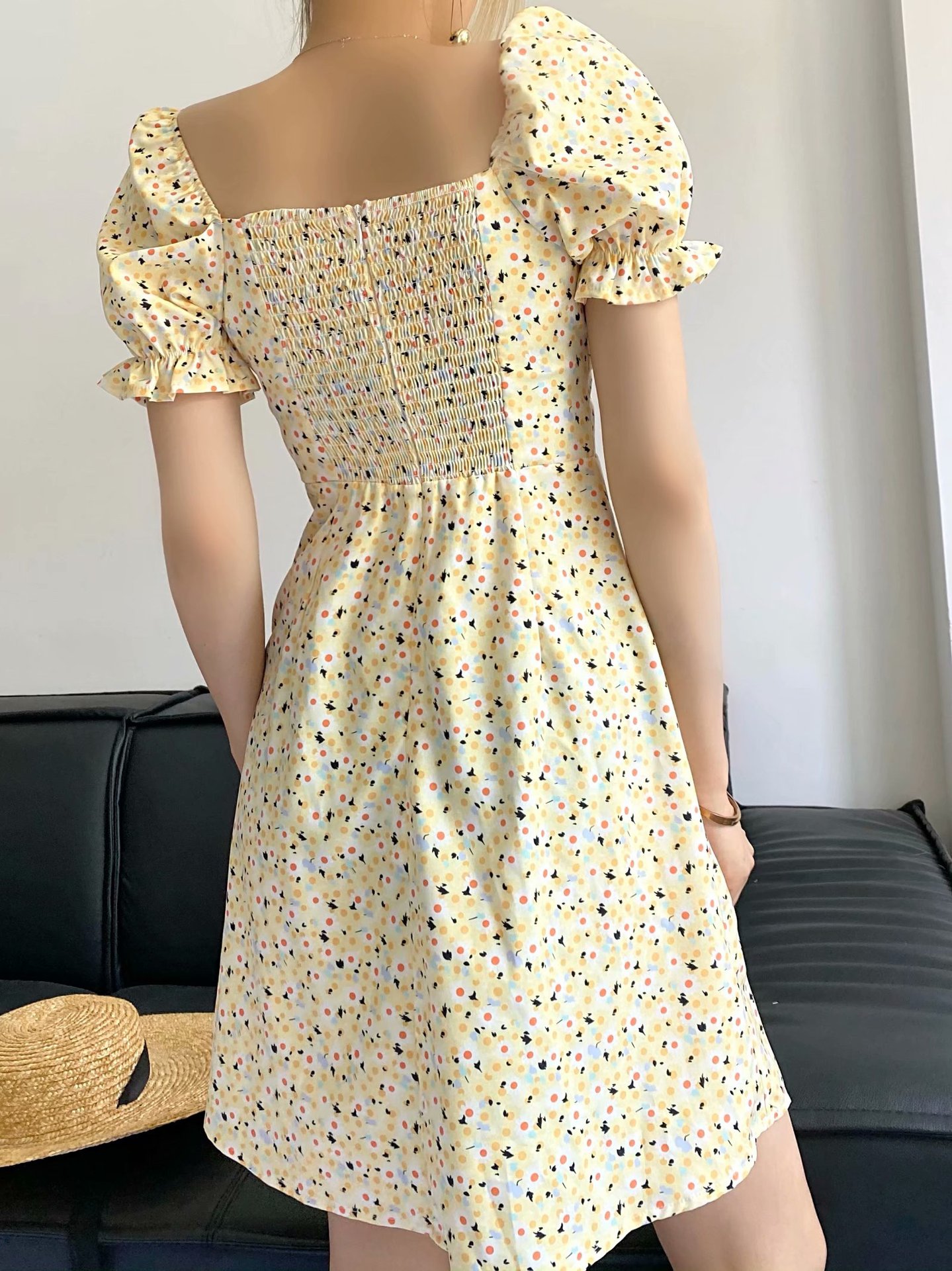 retro floral puff sleeve square neck dress Nihaostyles wholesale clothing vendor NSAM74099