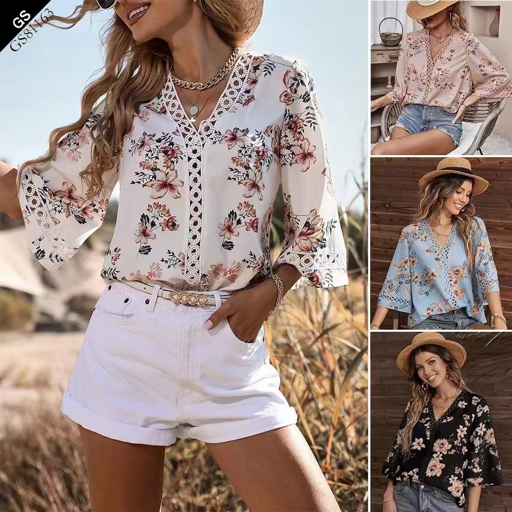 Women's Loose Fit V Neck Flared Sleeve Lace Chiffon Blouse – Casual Office Elegant Summer Top 2026_ecoleips.com