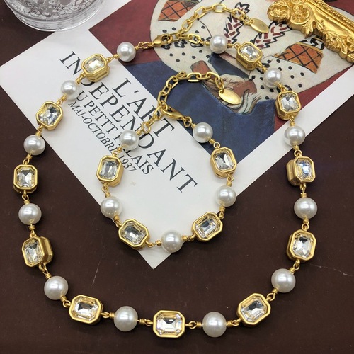 Second-hand real gold-plated necklace bracelet, glass pearl double-sided faceted gemstone necklace, clavicle chain, versatile bracelet