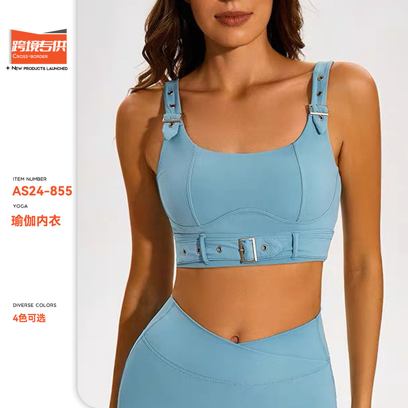 Cross-Border Amazon Bra Motorcycle Style Outdoor Wear Beautiful Back Tight Belt Chest Pad Yoga Fitness Sports Bra for Women
