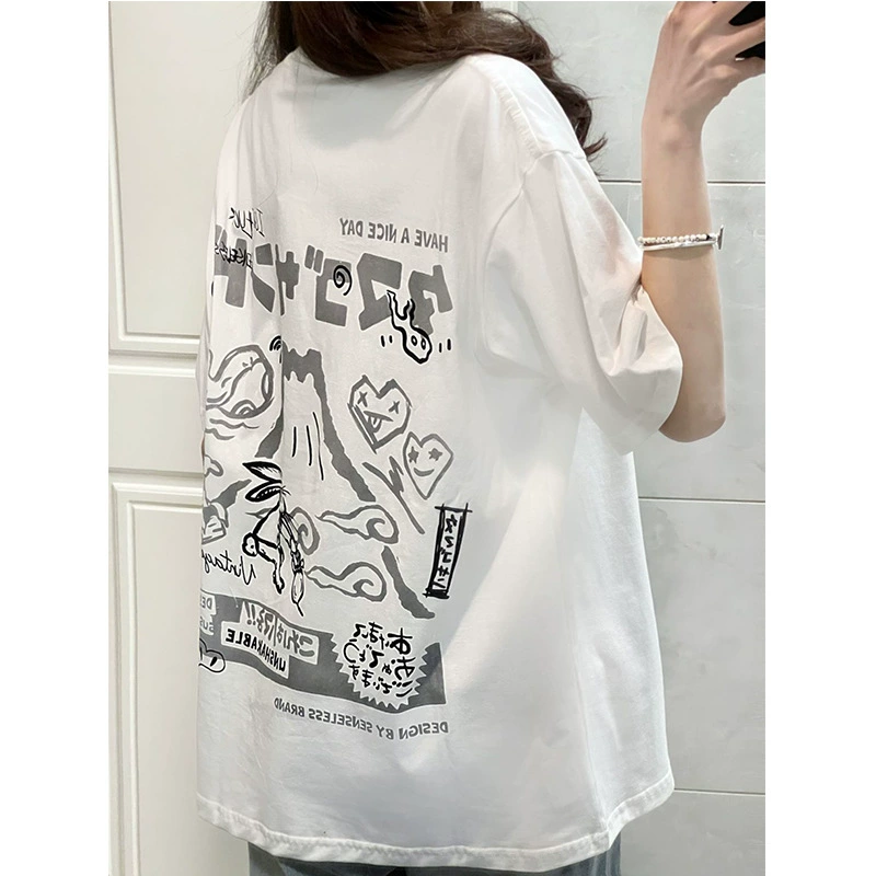 Плотная хлопковая футболка в японском стиле, модная брендовая футболка с коротким рукавом и мультяшным принтом, летний Повседневный женский топ для пар в стиле BF с коротким рукавом