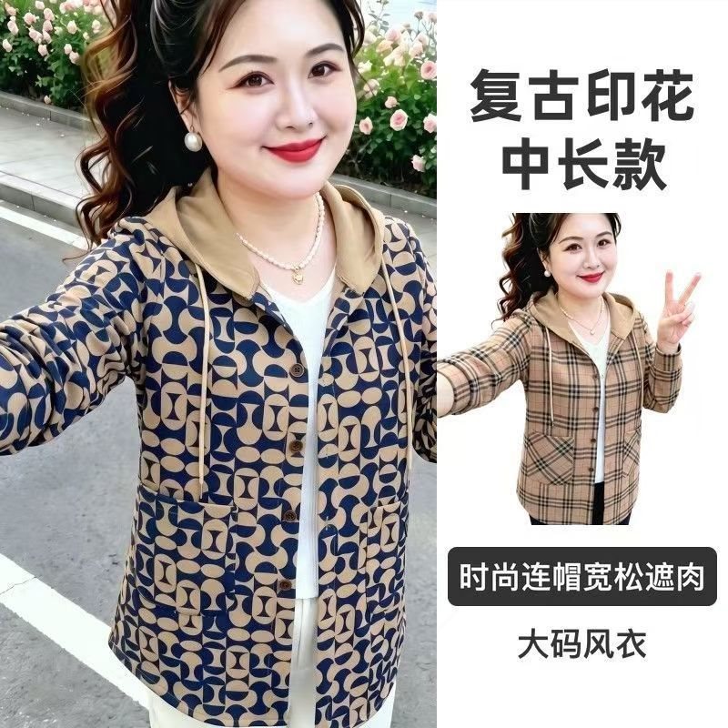 大码复古印花中长款风衣女2026秋季时尚连帽宽松遮肉显瘦妈妈外套