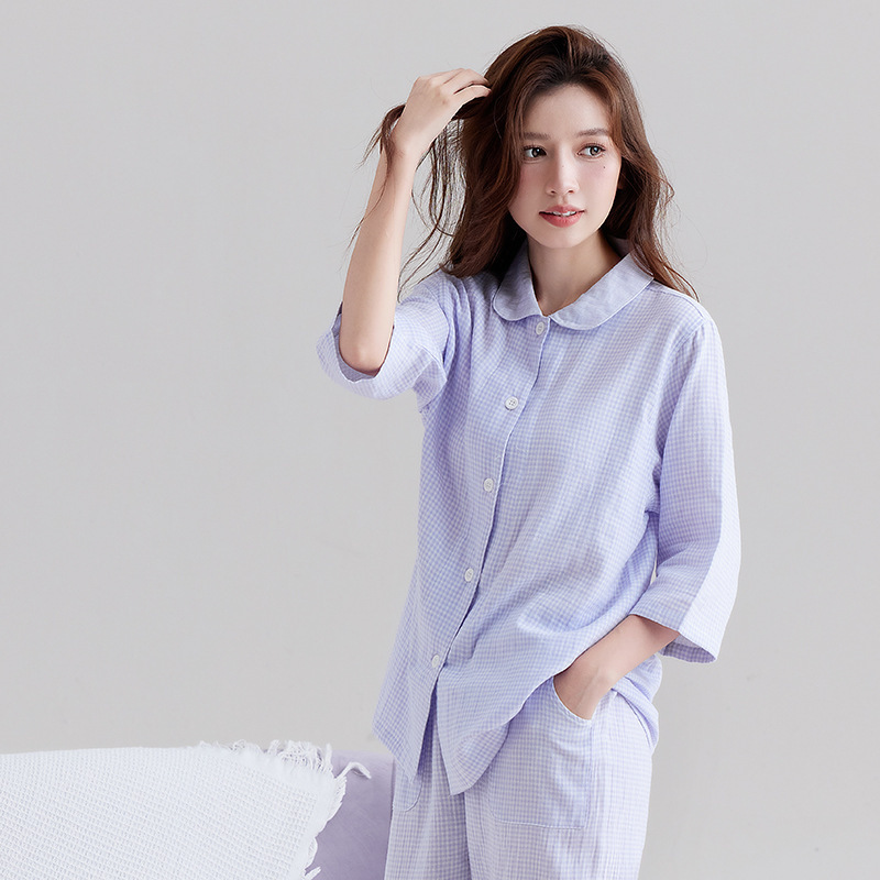 日文无印全棉双层纱家居服良品七分袖细格纹睡衣女士家居服套装|undefined