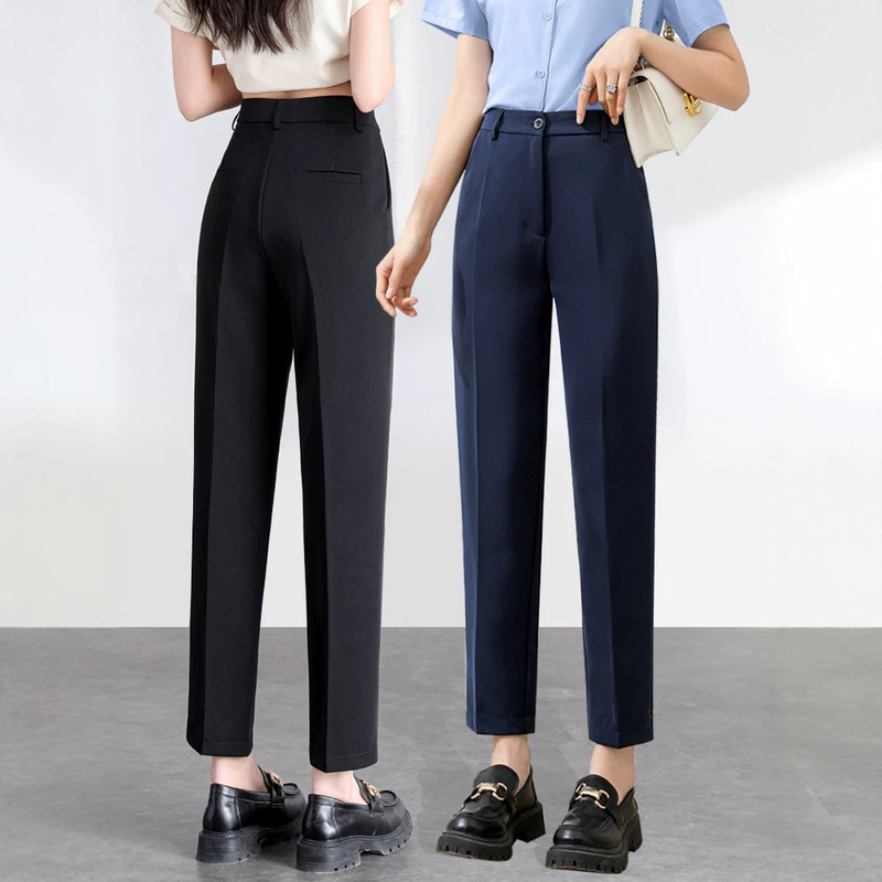 Black Women's Professional Suit Pants, Spring/Summer Straight-Leg Navy Blue Work Pants, Petite Cropped Cigarette-Style Trousers