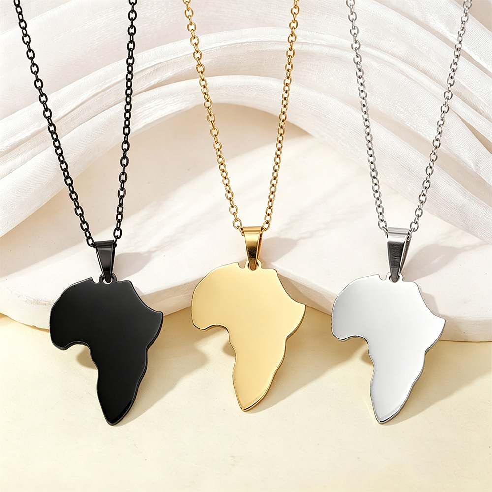 Glossy African Map Necklace, Fashionable New Style, Gold-Shaped Pendant, Commemorative Pendant, Souvenir, Stainless Steel Necklace