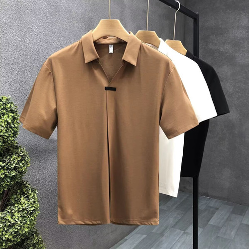 Men's Short Sleeve T-Shirt 2025 Summer New Pure Color Casual Collar Shirt Simple Unbuttoned Versatile Loose Half-Sleeve Polo Shirt