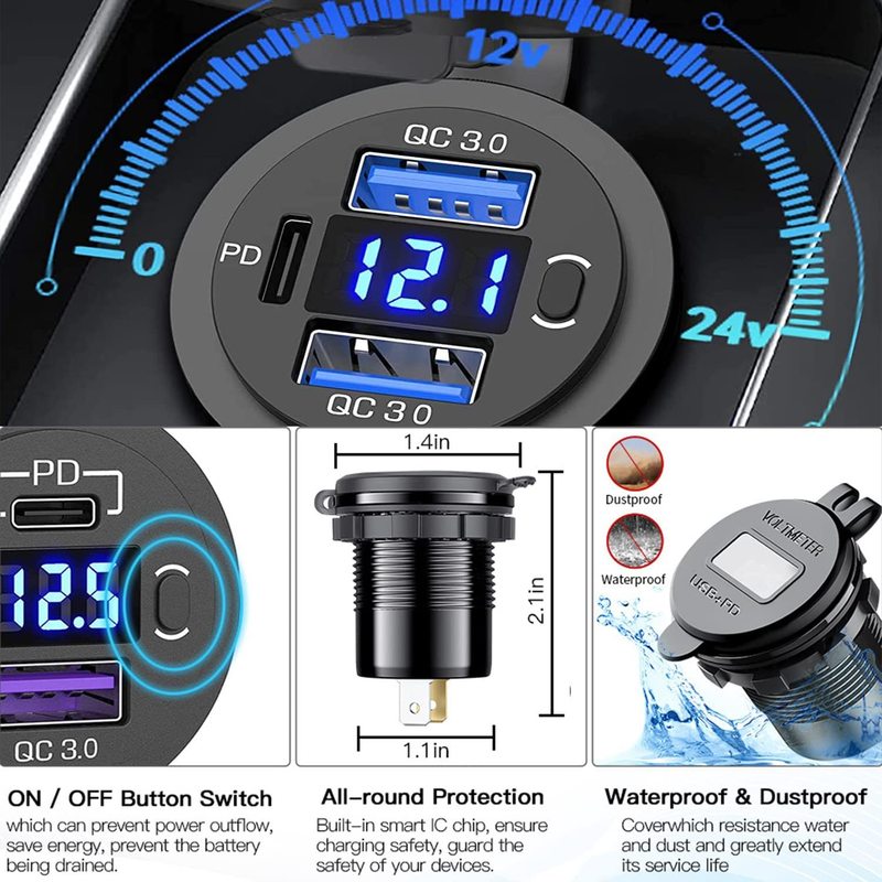 3USB自動車車載トレーラーヨット車充電改造ダブルUSB二口デジタル充電QC3.0充電器55W|undefined