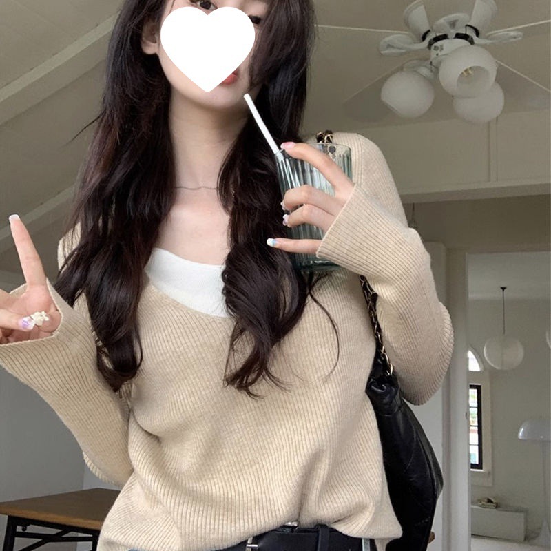 设计感V领假两件拼接针织毛衣女装2025早秋新款修身显瘦休闲上衣|undefined
