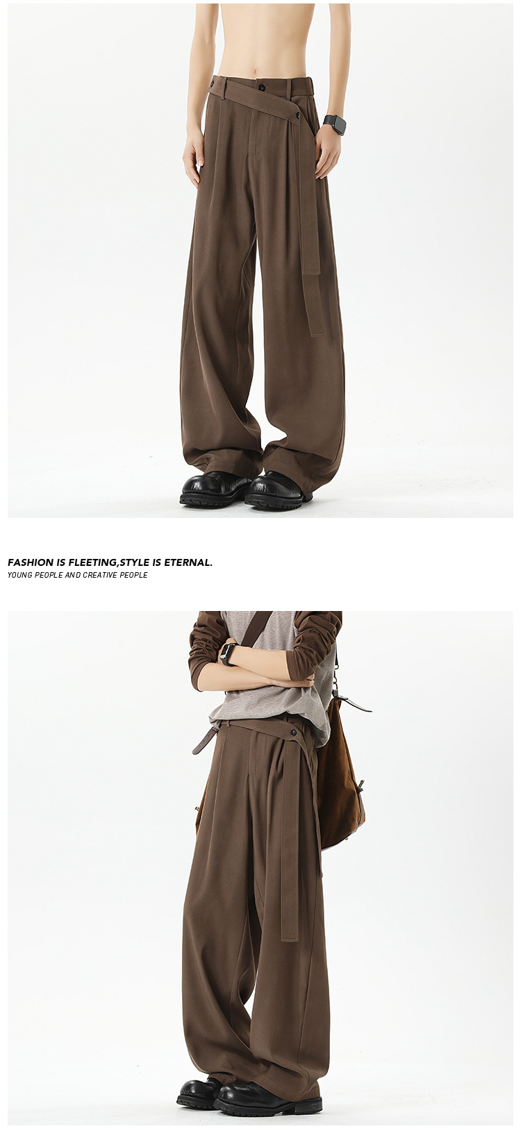 Kaffeefarbene Herren Stoffhose Mit Gürtel Und Geradem Bein_voghion.com