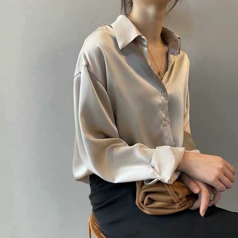 Women's Clothing acetate satin shirt women's glossy outer wear drape long sleeved shirt design niche light mature top spring_voghion.com