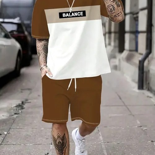 Comercio exterior europeo y americano Amazon 2025 nuevo estilo casual a juego de color manga corta cuello redondo camiseta pantalones cortos traje ME5 MA04