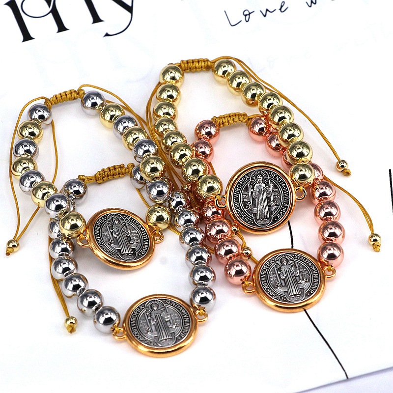 Daily Occasion Wholesale Jewelry Casual Vintage Style Religion Human Saint Benedict Copper Gold Plated Beaded Bracelets
