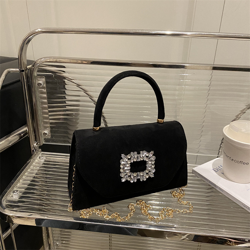 Versión coreana de simple y elegante color sólido 2025 verano nuevo casual cadena de cercanías bandolera bolso cuadrado pequeño de diamante brillante