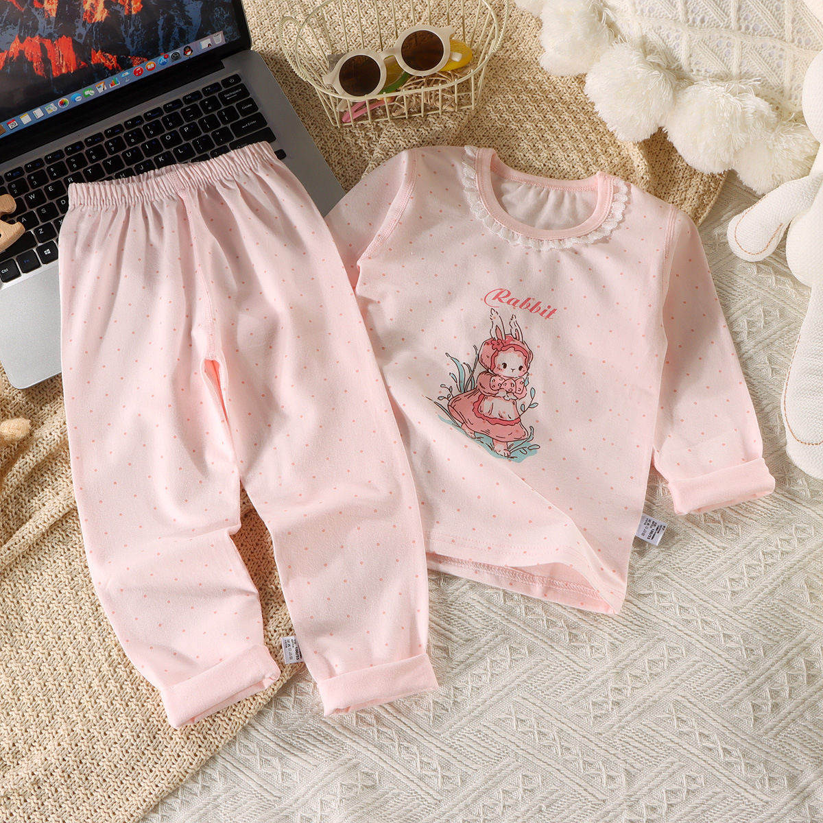 Traje de pijama para niños, ropa de aire acondicionado de dibujos animados para niños y niñas, ropa para el hogar de algodón para bebés, pantalones coreanos de manga larga para niños pequeños y medianos