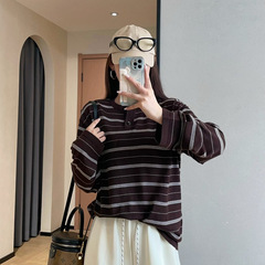柜上2000+M家休闲佰搭绵羊毛亨利领长袖条纹针织衫2025秋M25164G