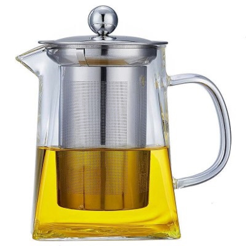 Tetera cuadrada de vidrio grueso con filtro de acero inoxidable resistente al calor, para té de flores/infusión, venta al por mayor de fábrica