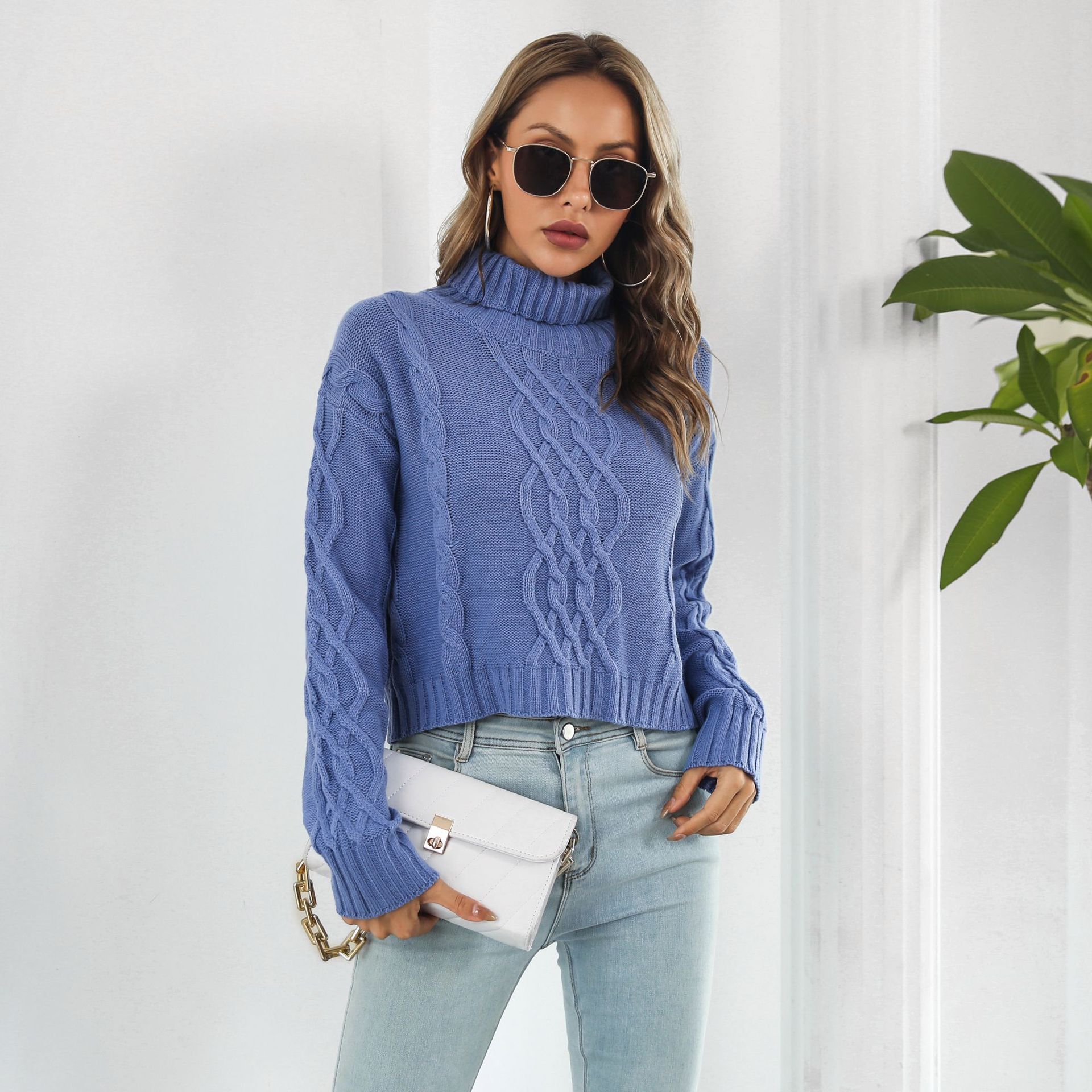 Knit Turtleneck Short Sweater Women Loose Autumn Winter Long Sleeve Sweater Sweater
