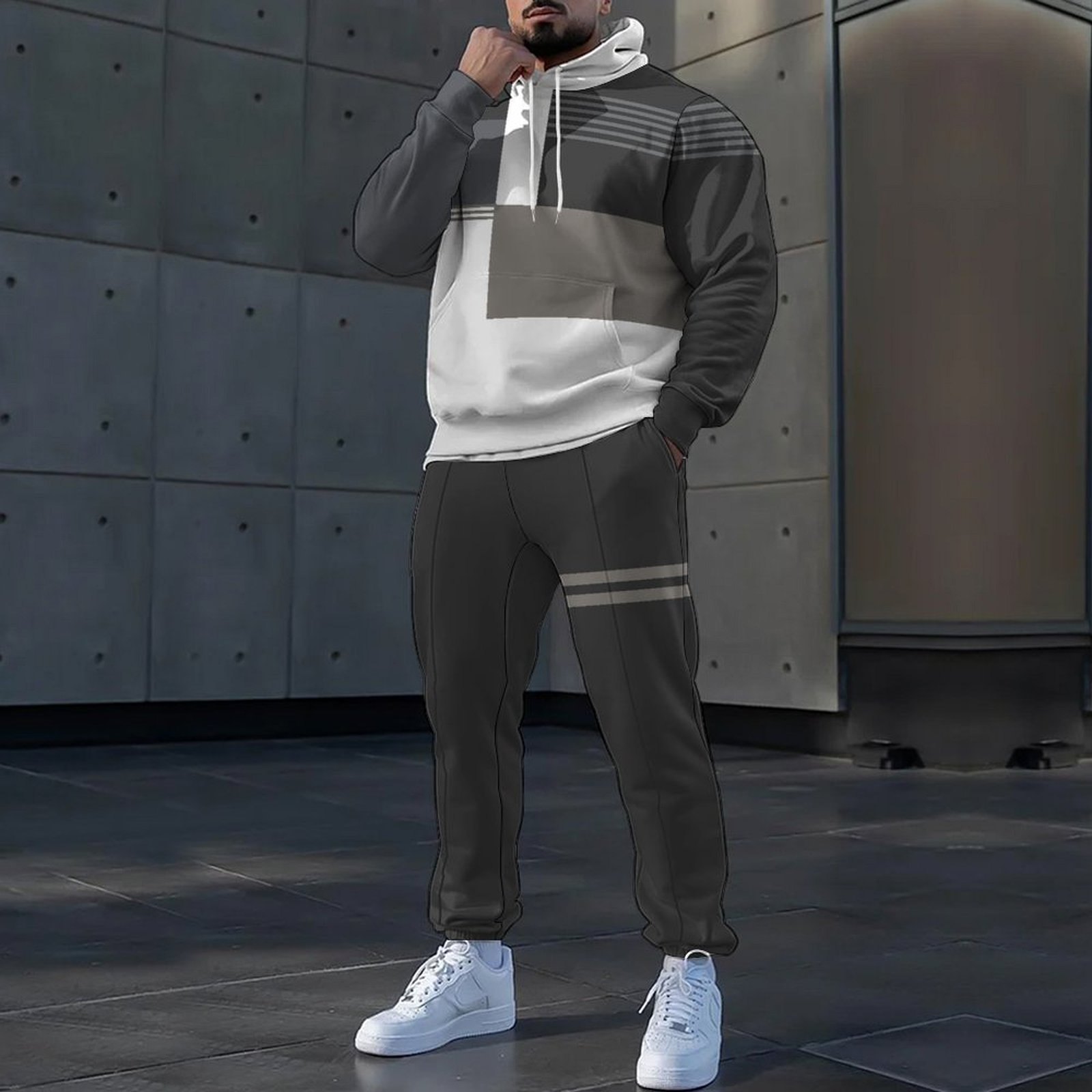 Otoño nuevo estilo de los hombres colorido color de contraste estilo de diseño estilo popular cordón suéter con capucha pantalones MC11-ML1