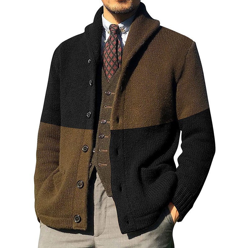 Lässiger, langärmliger Strickpullover für Herren mit dünnem Kragen und Farbblockierung für den täglichen Gebrauch draußen_voghion.com