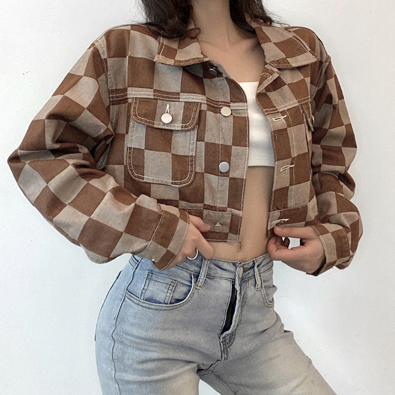 Khaki Plaid Print Denim Short Jacket NSXPF81265