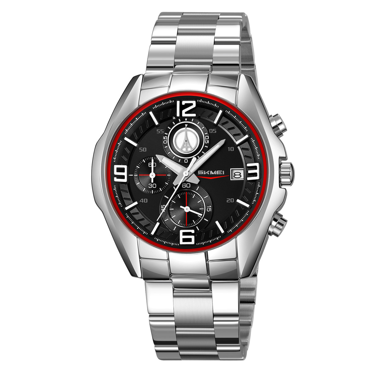 Momentos de relojes de hombre transfronterizos de acero correa de tres ojos seis agujas multifuncional relojes de cuarzo calendario de relojes de pulsera al por mayor