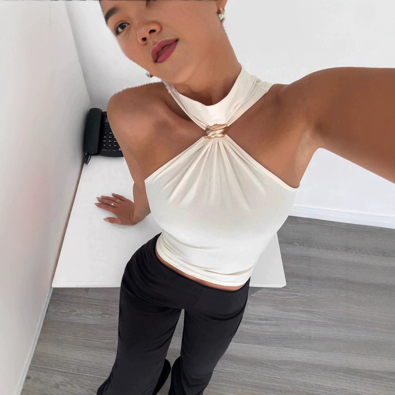 2025 Women's High-neck Metal Ring Sleeveless Off-shoulder Stretch Tank Top, 2026 Summer New Women's Fashion High-end Top 2025 Women's High-neck Metal Ring Sleeveless Off-shoulder Stretch Tank Top, 2026 Summer New Women's Fashion High-end Top