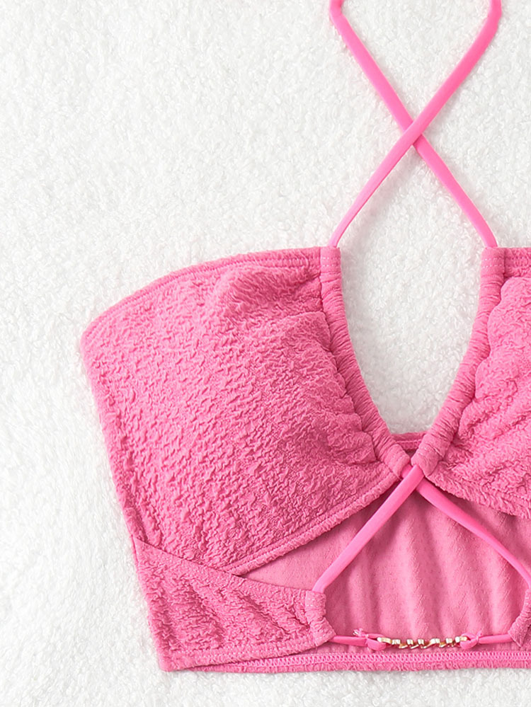 Solid Color Halter Lace up Bikini Swimsuit Lady Sexy Three Point Beach Spring Swimsuit