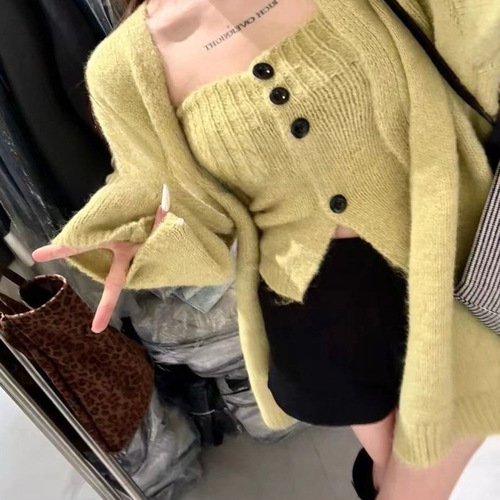 Sexy lace camisole sweater set for women, autumn and winter, high-end, gentle, soft and fluffy, lazy style