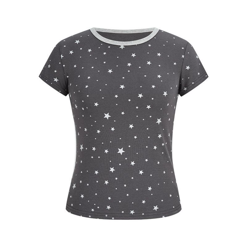 Camiseta americana de manga corta estampada con estrellas de costura encantadora, ropa de verano para estudiantes de escuela secundaria y secundaria, moda de ropa delgada. image 8