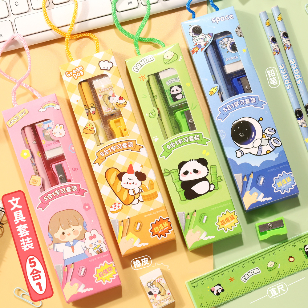 Lápiz de dibujos animados juego de cinco piezas en caja estudiante lindo cinco en uno aprendizaje portátil papelería premio del día del niño al por mayor