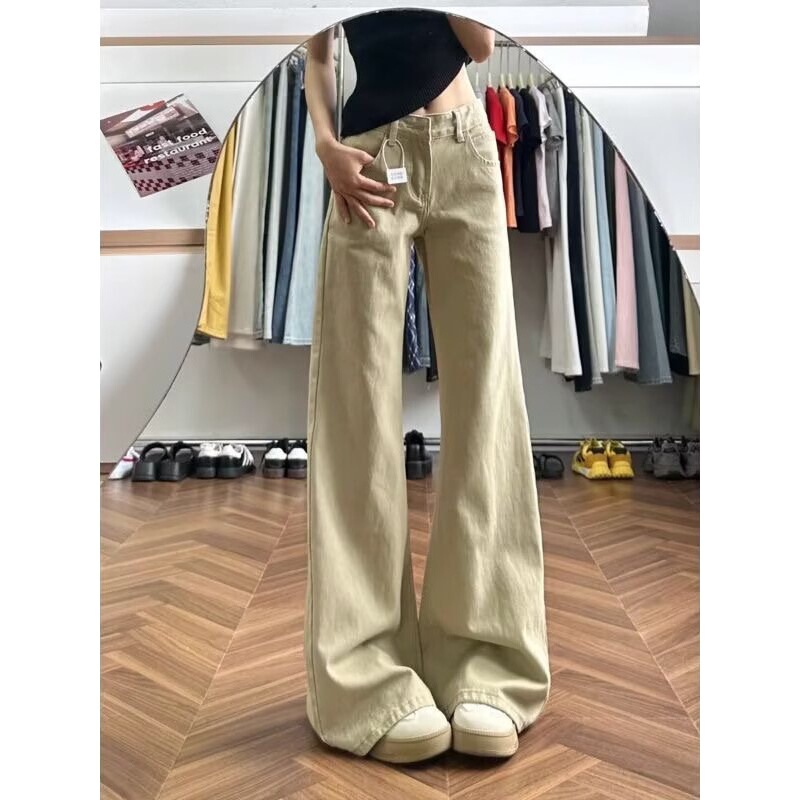 Fashionable American Retro Khaki Loose Wide-Leg Jeans for Women, Slightly Flared Pants That Make Legs Look Longer, Casual Long Pants, Trendy Fashionable American Retro Khaki Loose Wide-Leg Jeans for Women, Slightly Flared Pants That Make Legs Look Longer, Casual Long Pants, Trendy