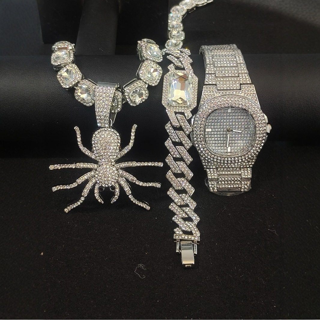 Europa y América hip hop diamantes reloj romano azúcar cubano color collar pulsera colgante araña conjunto de caja de regalo de alto nivel