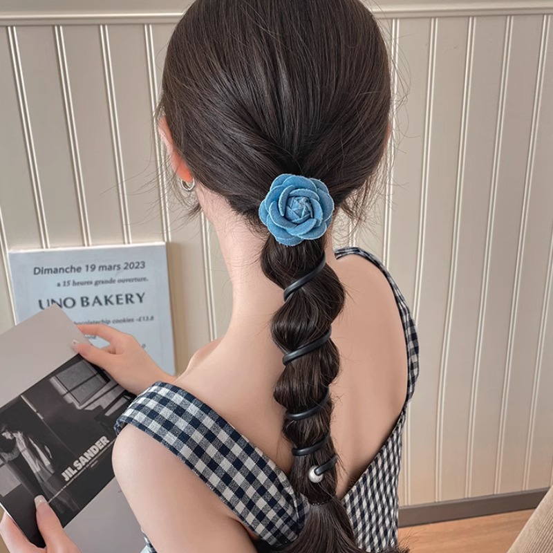 Temperamento de verano vaquero azul flor línea telefónica bucle de cabello de alta calidad 2025 nuevo cabello de burbuja trenza atado artefacto de cabello