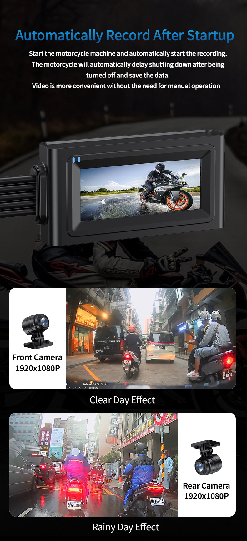 Cross-border motorcycle driving recorder HD 1080 touch 3.16 inch WiFi front and rear dual recording locomotive recorder
