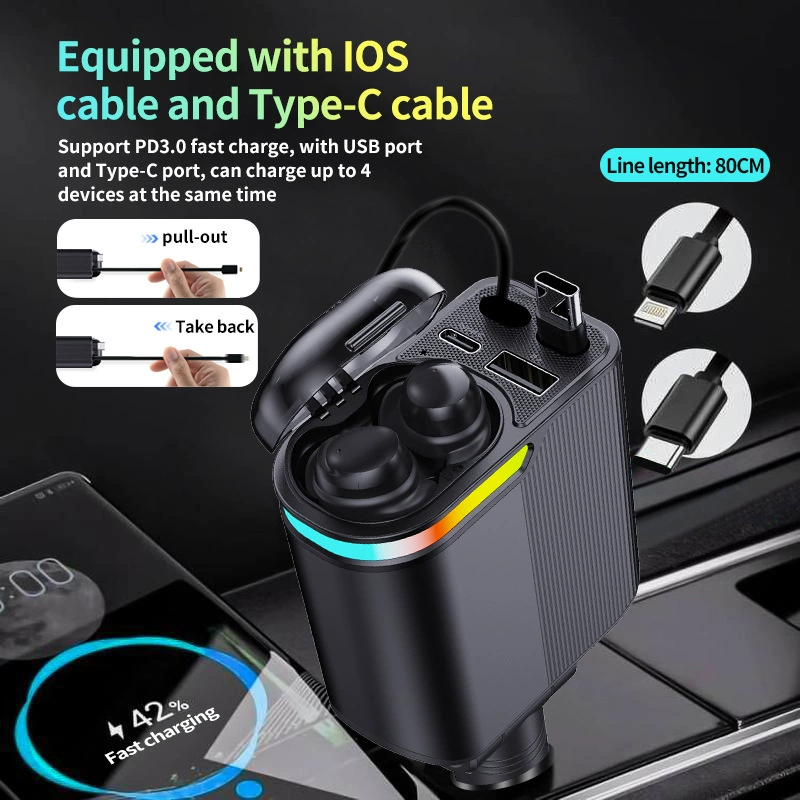 Трансграничное автомобильное зарядное устройство A1 + окружающее освещение автомобиля, сверхбыстрая зарядка, вспышка, выдвижной кабель, Bluetooth-гарнитура, прикуриватель