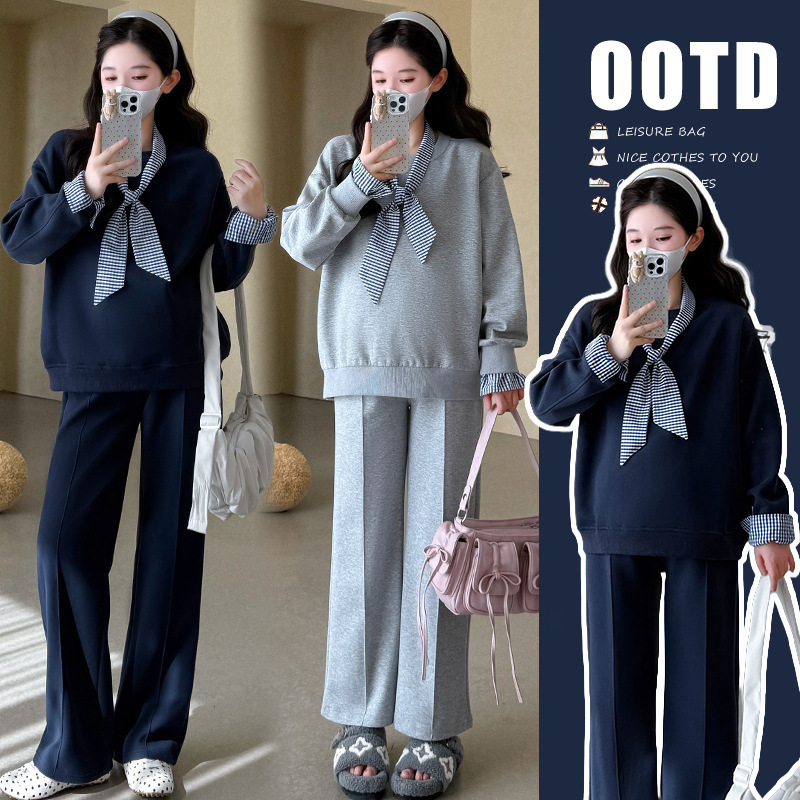 孕妇套装洋气甜妹显瘦休闲风卫衣套装秋季懒人宽松拖腹阔腿裤秋装|undefined