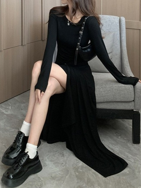 法式赫本风黑色不规则长袖连衣裙女2025秋冬新款气质收腰显瘦长裙|undefined