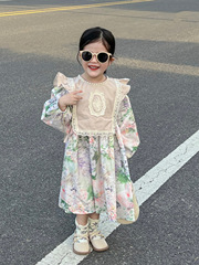 女童秋裝氣質宮廷風蕾絲飛袖罩衫+花朵泡泡袖公主連衣裙兩件套