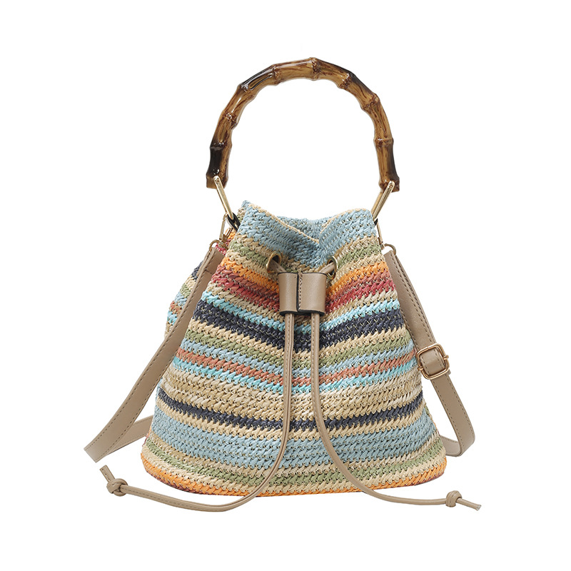 Bolso de cubo de vacaciones junto al mar 2025 nuevo bolso de bambú bolso de hombro de color de contraste tejido de paja bolso de mensajero para mujer de playa