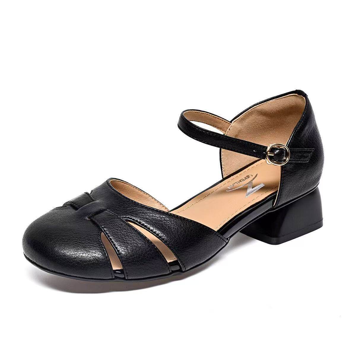 Sandal nữ da thật mũi kín gót thấp đế mềm phong cách cơ bản — màu đen